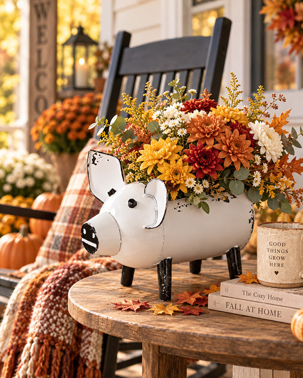 Distressed White Metal Pig Desk Caddy Farmhouse Organizer Vintage Home Decor
