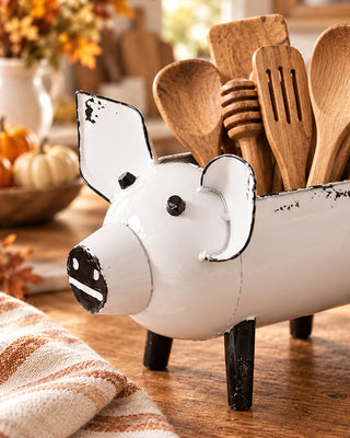 Distressed White Metal Pig Desk Caddy Farmhouse Organizer Vintage Home Decor