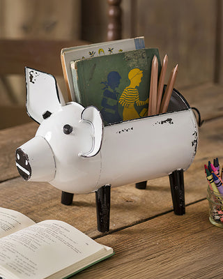 Distressed White Pig Desk Caddy