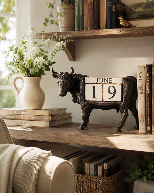 Cow Perpetual Block Calendar Farmhouse Kitchen Desk Decor