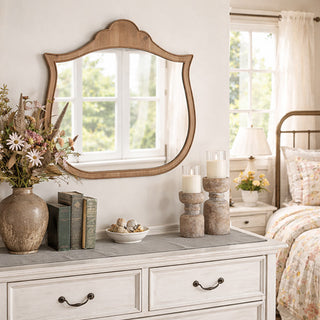 natural wood shield shape wall mirror