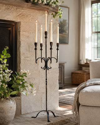 Tall Rustic Hand-Forged Iron Five-Taper Candelabra 35 Inch