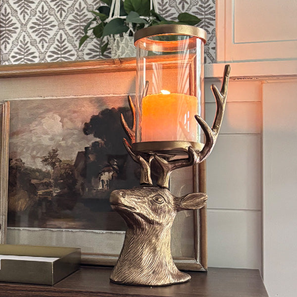 Bronze Reindeer Head Hurricane Candle Holder with Glass Chimney
