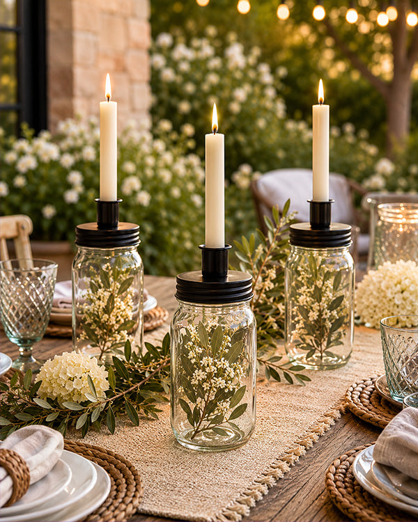 Mason Jar Candleholder with Black Metal Lid
