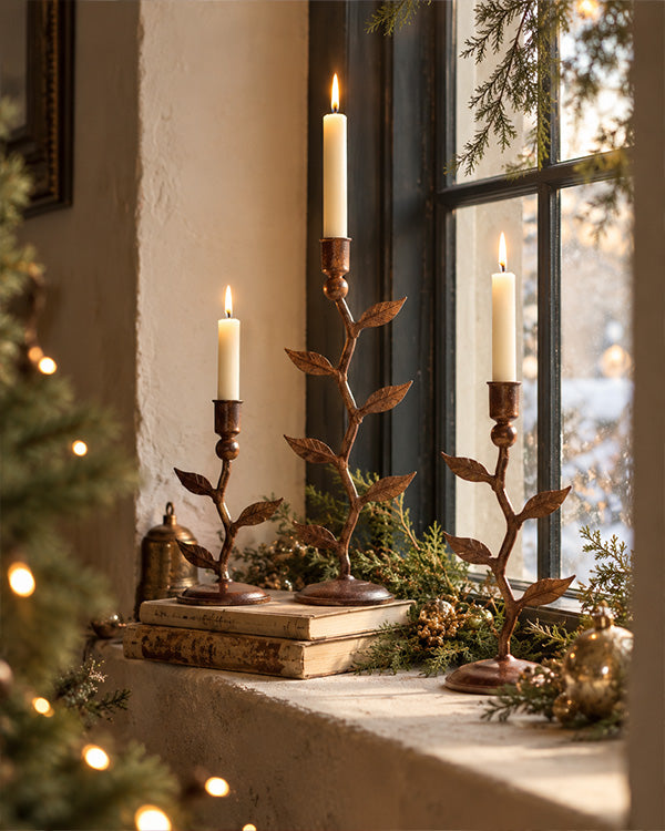 Forged Iron Vine Taper Candle Holders, Set of Three