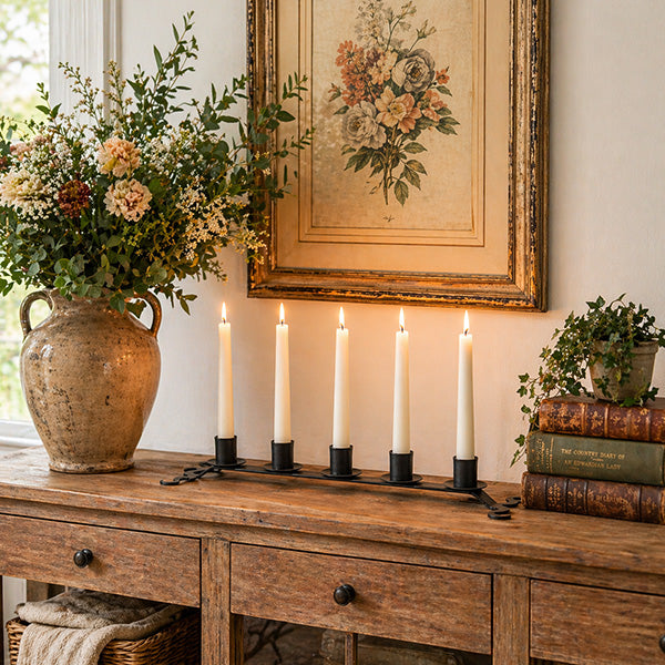 Black Iron Five Taper Candleholder - Farmhouse Fireplace Mantel Decor