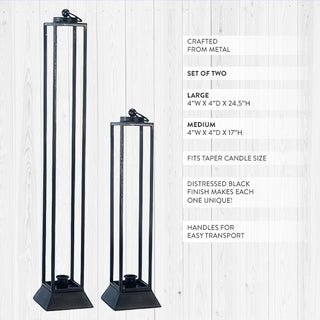 Two graduated height black metal candle lanterns with product specifications showing 24.5 and 17 inch heights
