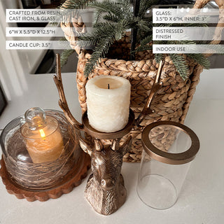 Bronze Reindeer Head Hurricane Candle Holder with Glass Chimney