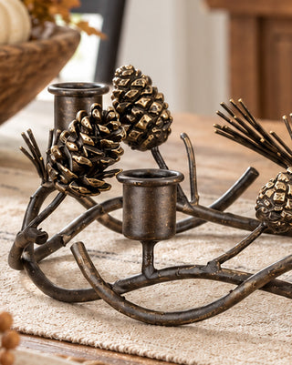 Countryside Pinecone & Twig Metal Taper Candle Holder