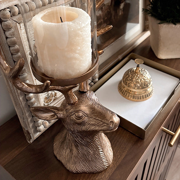 Bronze Reindeer Head Hurricane Candle Holder with Glass Chimney