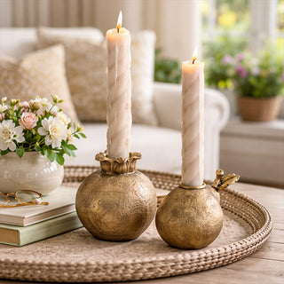 Gold Pomegranate & Pear Taper Candle Holder, Set of 2
