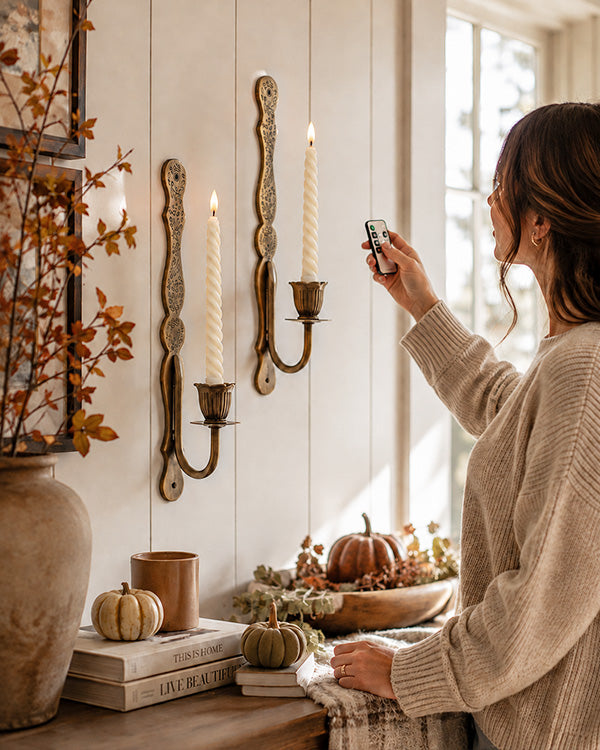 Antiqued Metal LED Pillar Candle Wall Sconces with Remote, Set of 2
