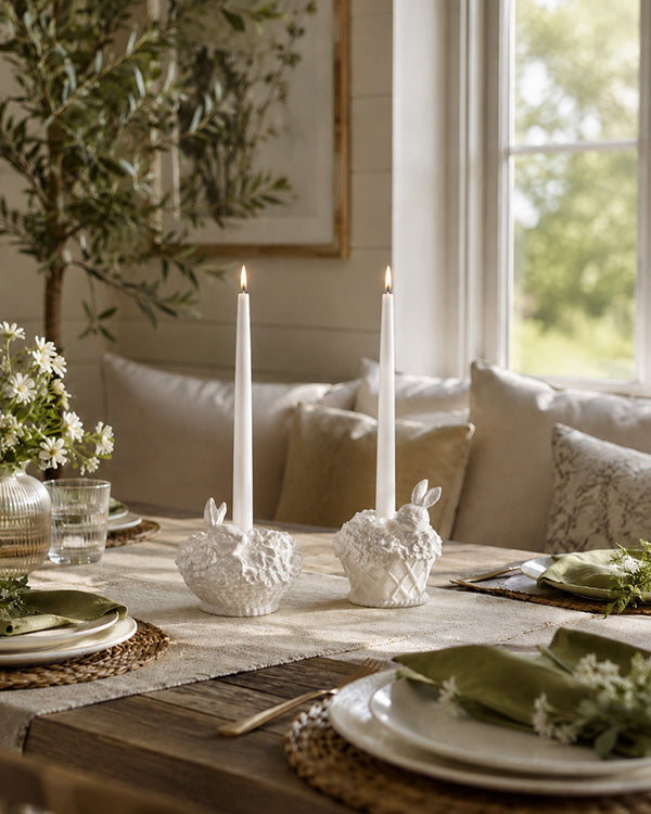 White Glazed Dolomite Bunny Basket Candleholders, Set of 2
