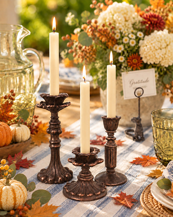 Distressed Ornate Floral Taper Candle Holders, Set of 3