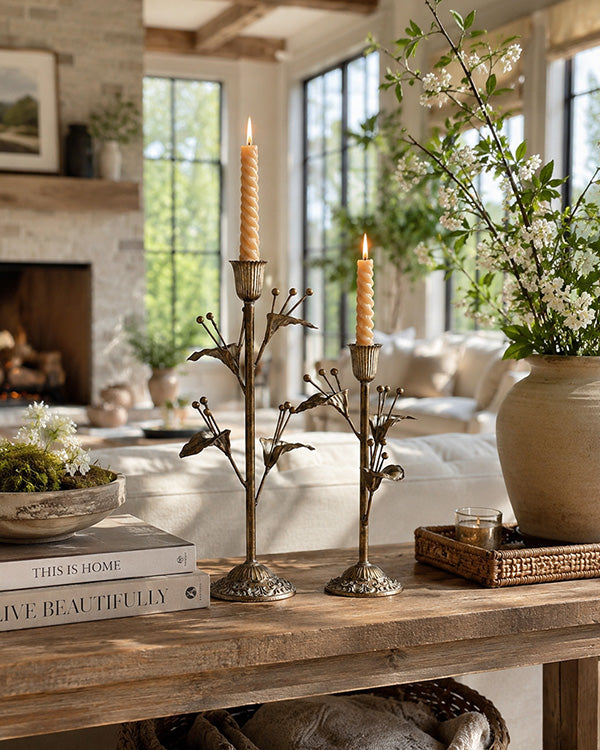 Antique Inspired Brass Flower Taper Candle Holders, Set of 2
