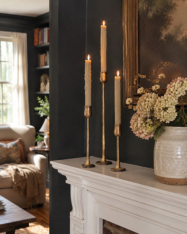 Antique Brass Metal Taper Candle Holders, Set of 3