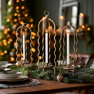 Sculptural Wavy Distressed Gold Metal Taper Candleholders, Set of 3