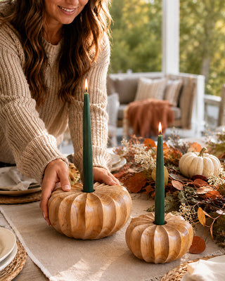Sculpted Teakwood Pumpkin Candle Holders, Set of 2