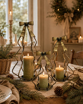 Metal Christmas Tree Candle Holders, Set of 3 Graduated Bow Pillar Stands