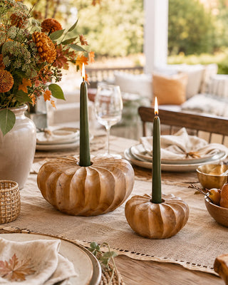 Sculpted Teakwood Pumpkin Candle Holders, Set of 2