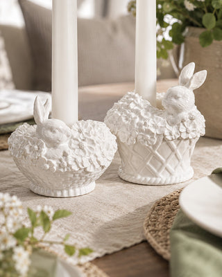 White Glazed Dolomite Bunny Basket Candleholders, Set of 2
