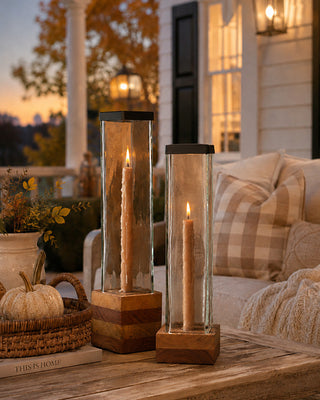 Square Glass and Wood Taper Candle Holders, Set of 2