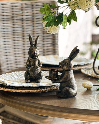 Vintage Bronze Bunny Taper Candle Holders, Set of 2