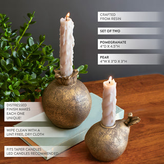 Gold Pomegranate & Pear Taper Candle Holder, Set of 2