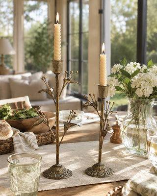 Antique Inspired Brass Flower Taper Candle Holders, Set of 2