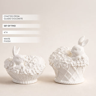 White Glazed Dolomite Bunny Basket Candleholders, Set of 2