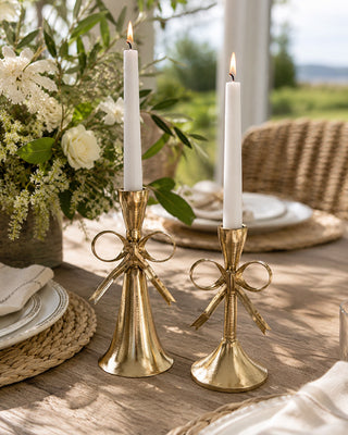 Gold Metal Bow Taper Candle Holders, Set of 2