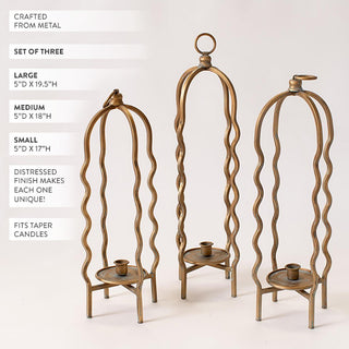 Sculptural Wavy Distressed Gold Metal Taper Candleholders, Set of 3