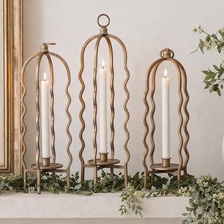 Sculptural Wavy Distressed Gold Metal Taper Candleholders, Set of 3