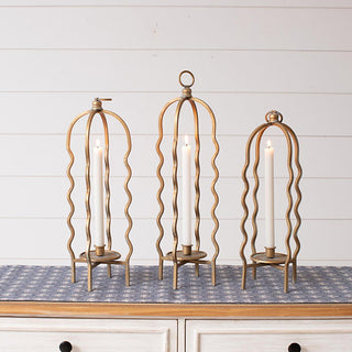 Sculptural Wavy Distressed Gold Metal Taper Candleholders, Set of 3