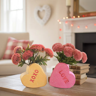 Clay conversation heart Valentine decor product specifications showing set of 3 candle holders and set of 2 bud vases dimensions distressed clay finish