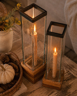 Square Glass and Wood Taper Candle Holders, Set of 2