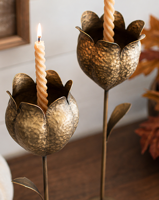 Sculpted Antique Brass Tulip Taper Candle Holders, Set of 2