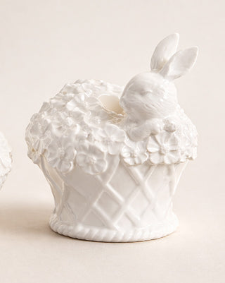 White Glazed Dolomite Bunny Basket Candleholders, Set of 2