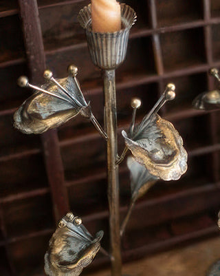 Antique Inspired Brass Flower Taper Candle Holders, Set of 2