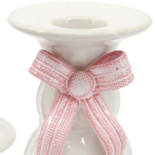 White Ceramic Taper Candle Holders with Pink Bow, Set of 2