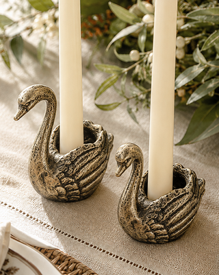 Cast Iron Swan Taper Candle Holders, Set of 2