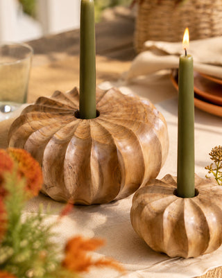 Sculpted Teakwood Pumpkin Candle Holders, Set of 2