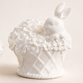 White Glazed Dolomite Bunny Basket Candleholders, Set of 2