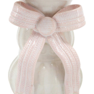 White Ceramic Taper Candle Holders with Pink Bow, Set of 2