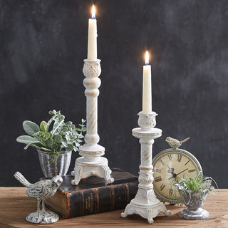 Farmhouse decor white candlesticks with candles and accents