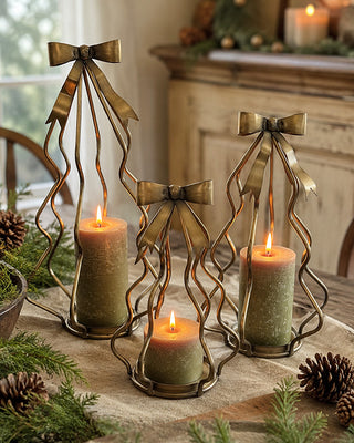 Metal Christmas Tree Candle Holders, Set of 3 Graduated Bow Pillar Stands