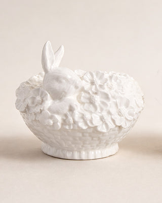 White Glazed Dolomite Bunny Basket Candleholders, Set of 2