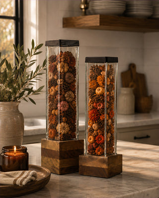 Square Glass and Wood Taper Candle Holders, Set of 2