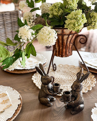 Vintage Bronze Bunny Taper Candle Holders, Set of 2