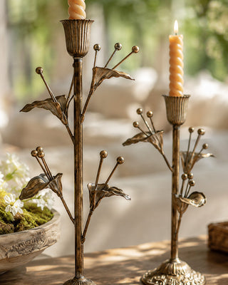 Antique Inspired Brass Flower Taper Candle Holders, Set of 2